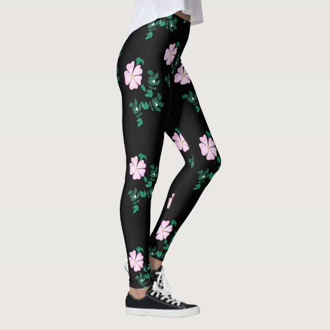 Vild Ro - Blommönster på svart bakgrund Leggings (Höger)