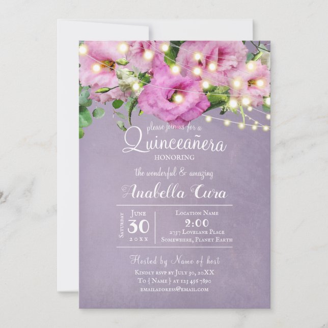 Vild Ro Garden | Lilac Quinceañera Inbjudningar (Framsida)