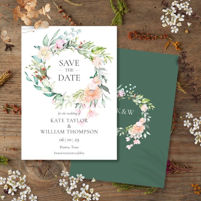 Vild ros vattenfärg blomsterkrans Spara datum Inbjudningar (Wild Rose Watercolor Floral Garland Save The Date Invitation)