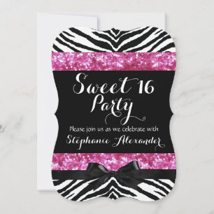 Vild Rosa Gnistra Zebra Sweet 16 Födelsedagsfester Inbjudningar