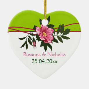 Vild rosa ros blommigt bröllop lime green keepsak julgransprydnad keramik