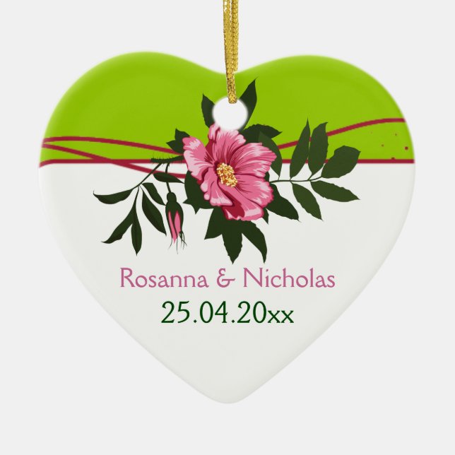 Vild rosa ros blommigt bröllop lime green keepsak julgransprydnad keramik (Framsidan)
