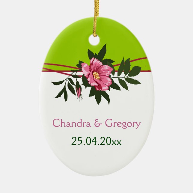Vild rosa ros blommigt bröllop lime green keepsak julgransprydnad keramik (Framsidan)