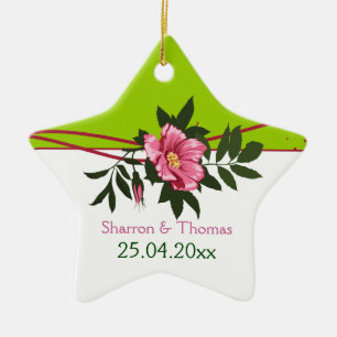 Vild rosa ros blommigt bröllop mynta grönt julgransprydnad keramik