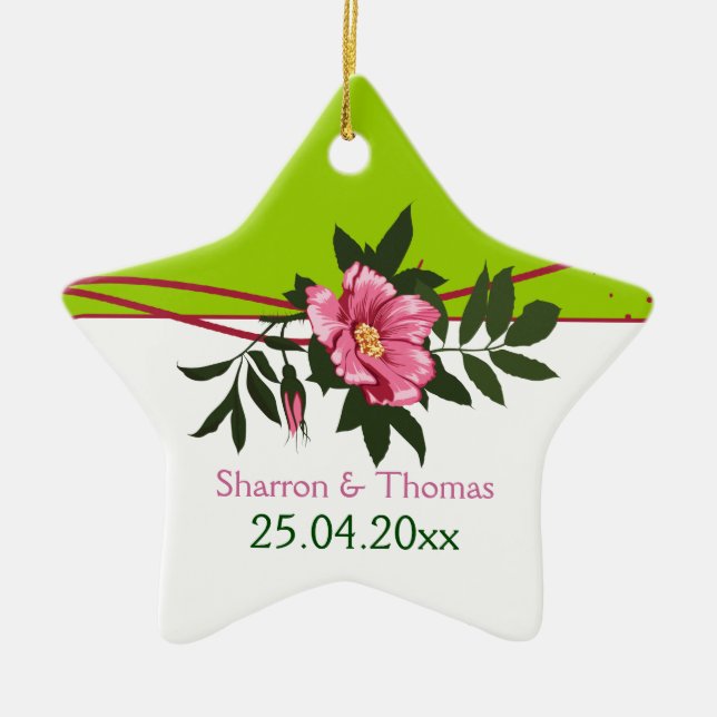 Vild rosa ros blommigt bröllop mynta grönt julgransprydnad keramik (Framsidan)