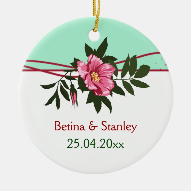 Vild rosa ros blommigt bröllop mynta grönt julgransprydnad keramik (Framsidan)