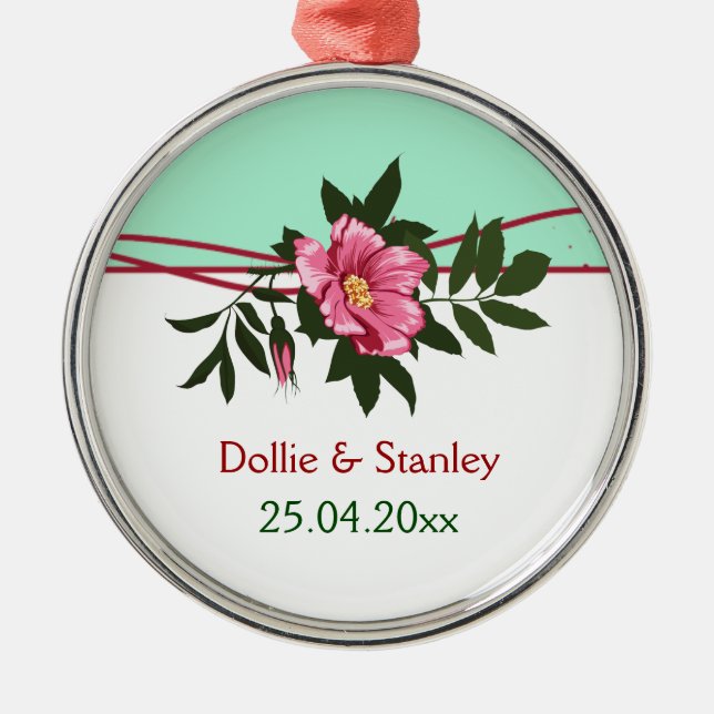 Vild rosa ros blomsterbröllop mintgrön minnessak julgransprydnad metall (Framsidan)