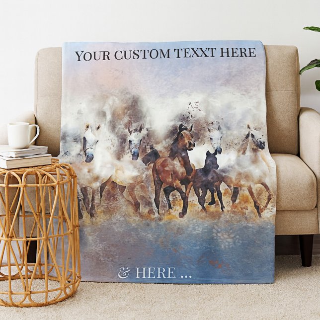 Vild RunHorses Fine Art Fleece Blanket (Fleece blanket featuring a watercolor painting of wild running horses)