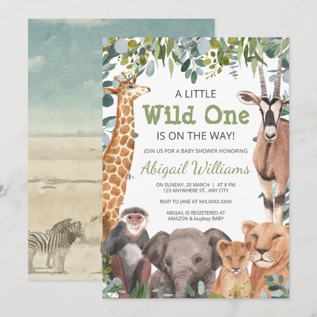 Vild Safari Animal - Giraffe, elefant Baby Shower Inbjudningar (Fram/baksida)