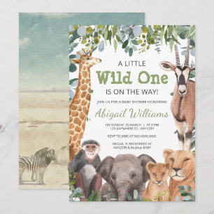 Vild Safari Animal - Giraffe, elefant Baby Shower Inbjudningar