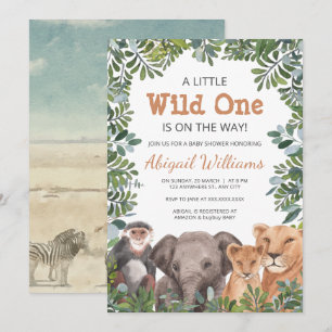 Vild Safari Animal - Monkey, Elephant Baby Shower Inbjudningar