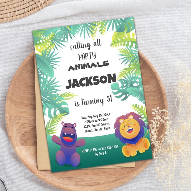 Vild Safari Animal Party Theme för barn Inbjudningar (Jungle Birthday Invitations)