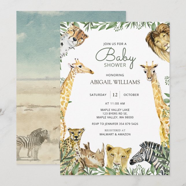 Vild Safari Animals Baby Shower-inbjudan Inbjudningar (Fram/baksida)