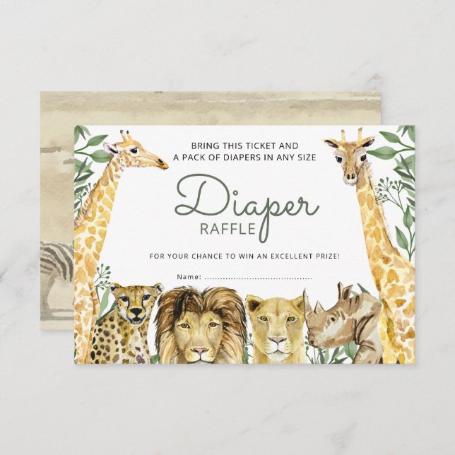 Vild Safari Animals Babyskor Diaper Raffle Inbjudningar (Fram/baksida)