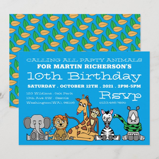 Vild Safari Animals, Barn Födelsedagsfest Inbjudningar (Fram/baksida)