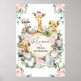 Vild Safari Animals Blommigt Greenery Birthday Bab Poster