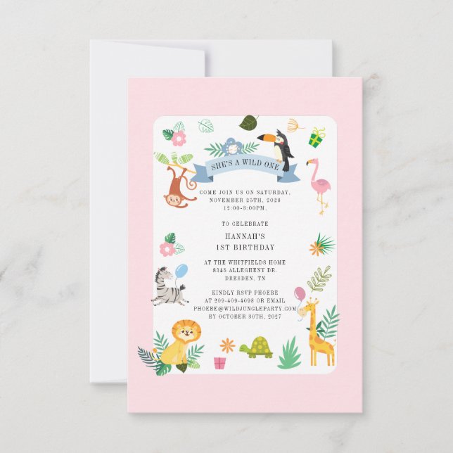 Vild Safari Animals Girl 1:a Birthday Jungle Party Inbjudningar (Framsida)