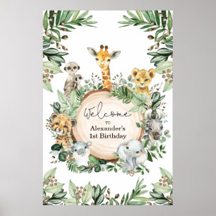 Vild Safari Animals Rustic Greenery Birthday Baby Poster