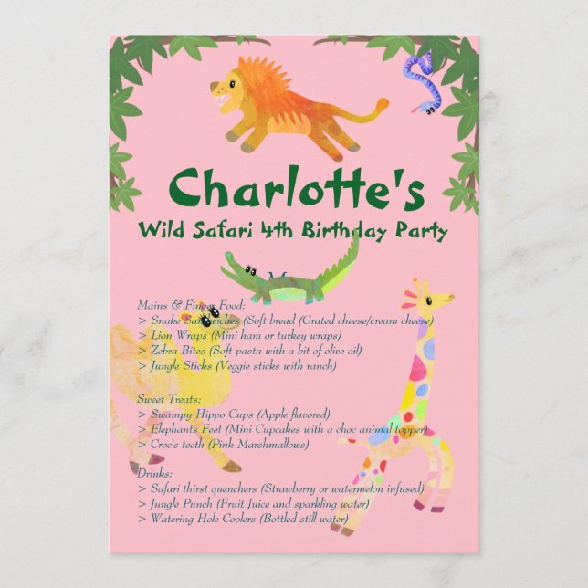 Vild Safari Födelsedagsfest Meny (Framsida)
