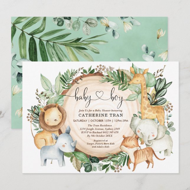 Vild Safari Greenery Jungle Boy Baby Shower Inbjudningar (Fram/baksida)
