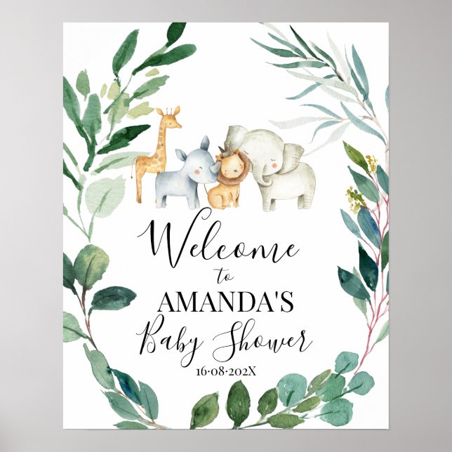 Vild Safari Greenery WandeBaby Shower Välkommen Poster (Framsidan)