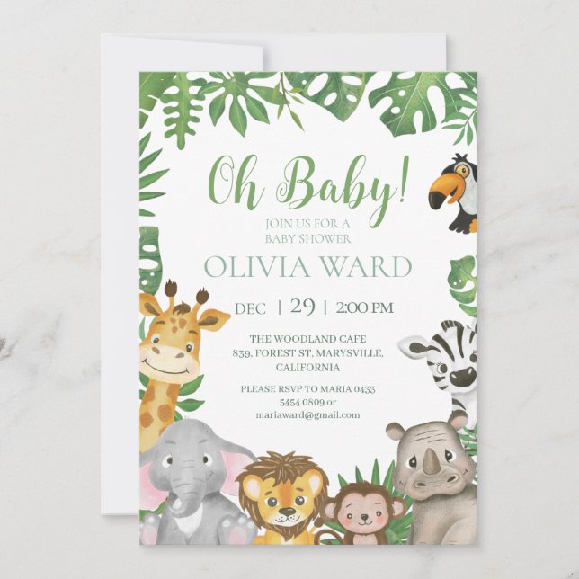 Vild Safari Jungle tropical Greenery Baby Shower Inbjudningar (Framsida)