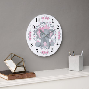 Vild Safari Rosa Blommigt Baby Elephant Baby Nurse Stor Klocka