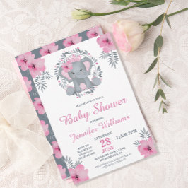 Vild Safari Rosa Blommigt Elephant Baby Shower Inbjudningar