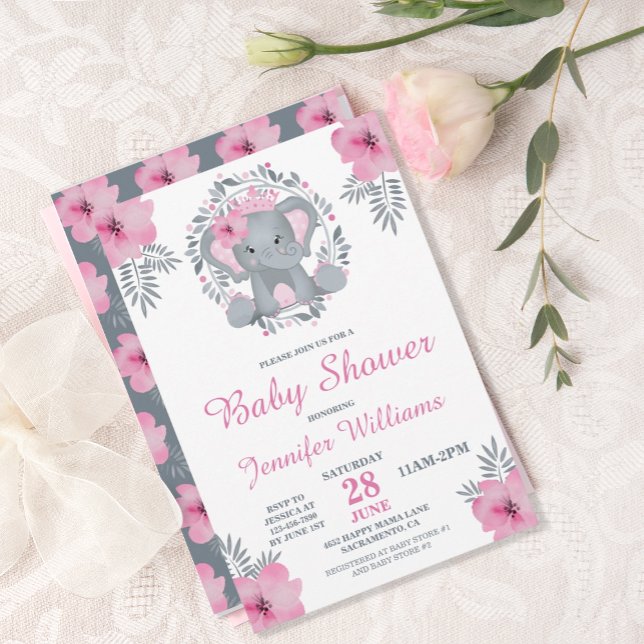 Vild Safari Rosa Blommigt Elephant Baby Shower Inbjudningar (Skapare uppladdad)