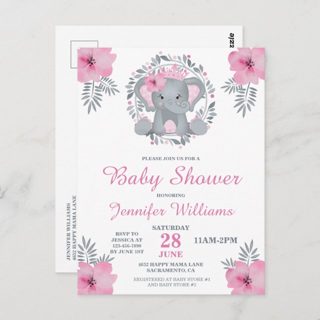 Vild Safari Rosa Blommigt Elephant Baby Shower Inv Vykort (Fram/baksida)