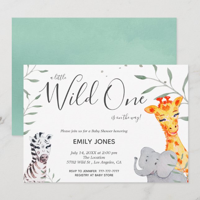 Vild Safari Watercolor Baby Shower Inbjudan (Fram/baksida)