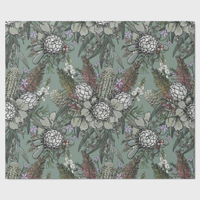 Vild Sage Bush Flower Bouquet - Protea & Grevillea Presentpapper (Seam)