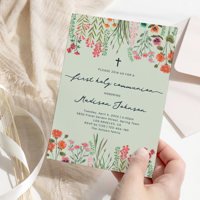 Vild Sagegrön Första Kommunion Inbjudningar (Wildflower Sage Green First Holy Communion Invitation)