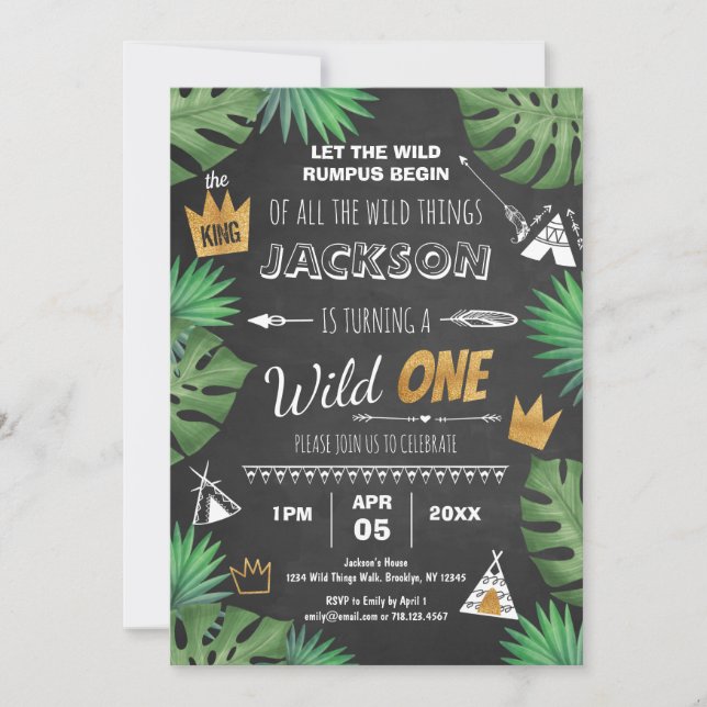 Vild Sak Glitter ONE Birthday Boy Chalkboard Inv. Inbjudningar (Framsida)