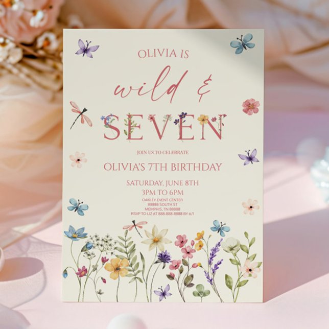 Vild & Seven Wildflower Blommig 7-års födelsedagsf Inbjudningar (Skapare uppladdad)