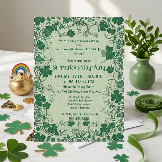 Vild Shamrock-vin Funky Saint Patrick's Day-fest Inbjudningar (Wild Shamrock Vine Funky Saint Patricks Day Party Invitation)