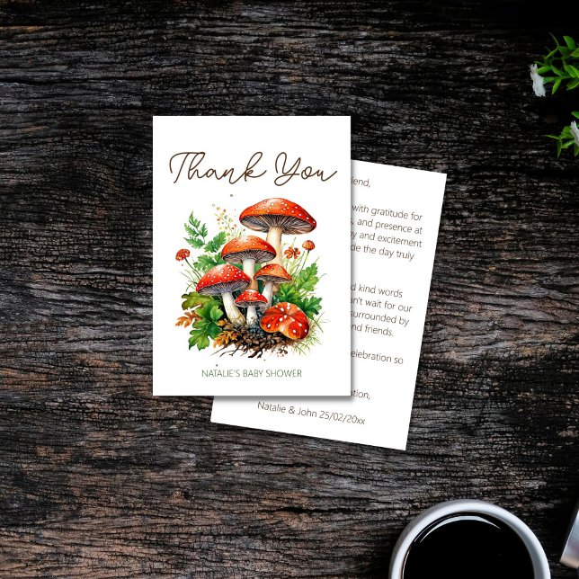 Vild Skogsvampar babydusch Tack Kort (Wild forest red mushrooms green fern baby shower thank you card enchanted forest magic mushroom)