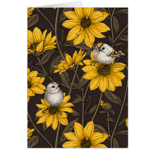 Vild Solblommor och guldfåglar/ gult Hälsningskort