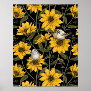 Vild Solblommor och guldfåglar/ gult och gr Poster