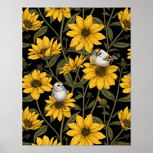Vild Solblommor och guldfåglar/ gult och gr Poster (Framsidan)