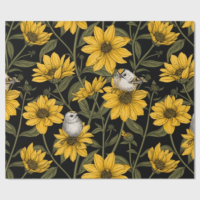 Vild Solblommor och guldfåglar/ gult och gr Presentpapper (Platt)