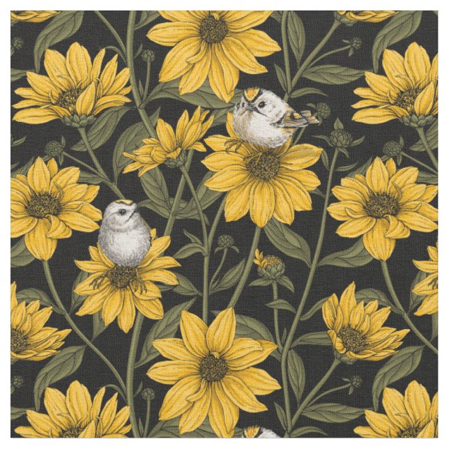 Vild Solblommor och guldfåglar/ gult och gr Tyg (Närbild)