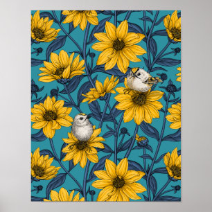 Vild Solblommor och guldfåglar/ gult Poster