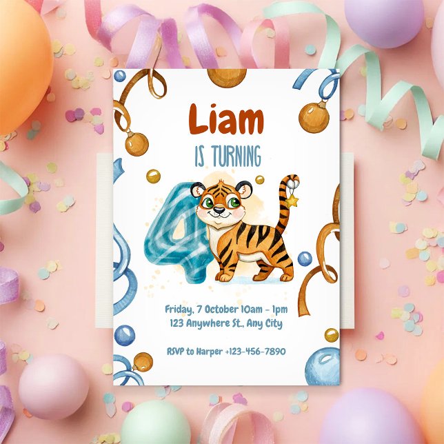 Vild & söt tiger 4-års födelsedagsinbjudan inbjudningar (Skapare uppladdad)