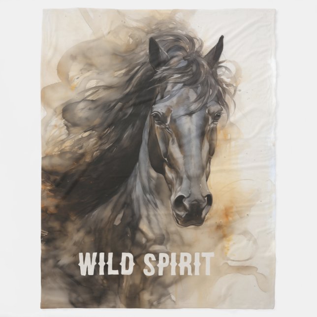 Vild Spirit Black Horse Porträtt Fleecefilt (Framsidan)