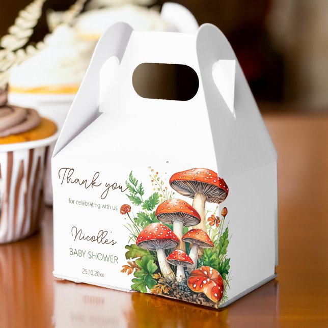 Vild-svampar babydusch gynnar mall presentaskar (Wild forest red mushrooms fern baby shower favors personalized printed favor box  template )