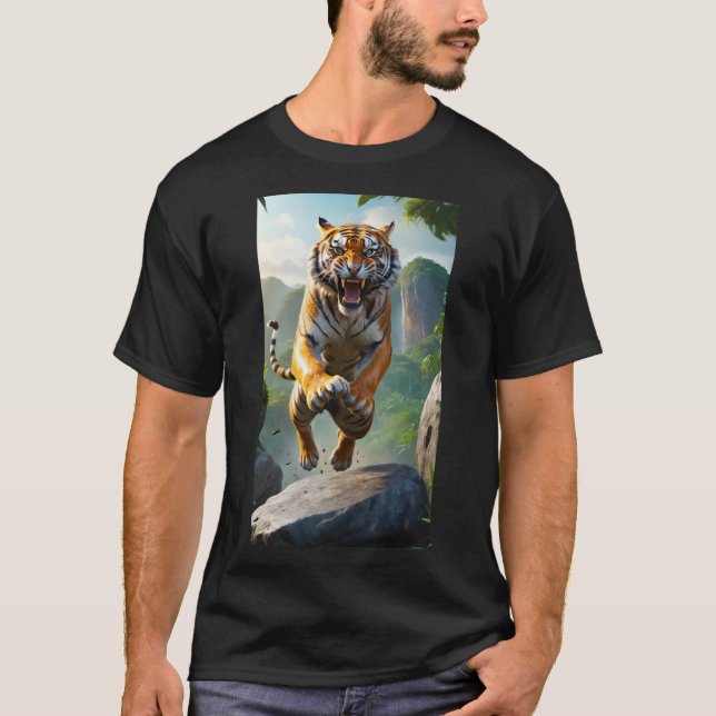Vild Svart T-shirt för Män med Tiger (Framsida)