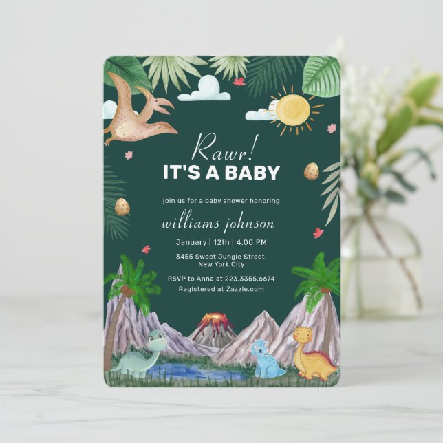 Vild Tallgrön Rawr Vulkan Dinosaurie Baby Shower Inbjudningar (Stående Fram)