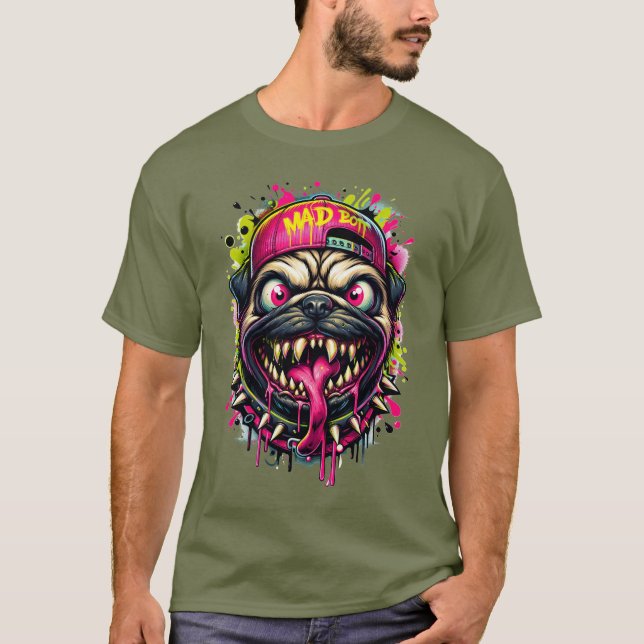 Vild Tecknad Pug T Shirt (Framsida)