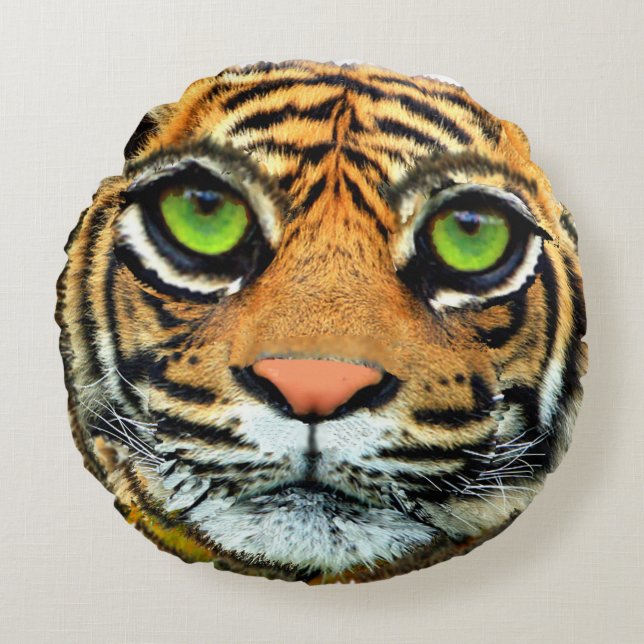 Vild Tiger Ansikte Round Pillow Rund Kudde (Framsidan)